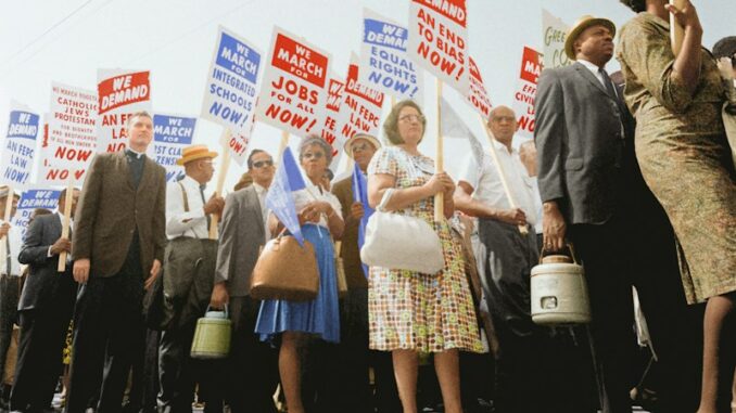 Demonstrators holding signs demanding the right to vote and equal civil rights at the March on Washington